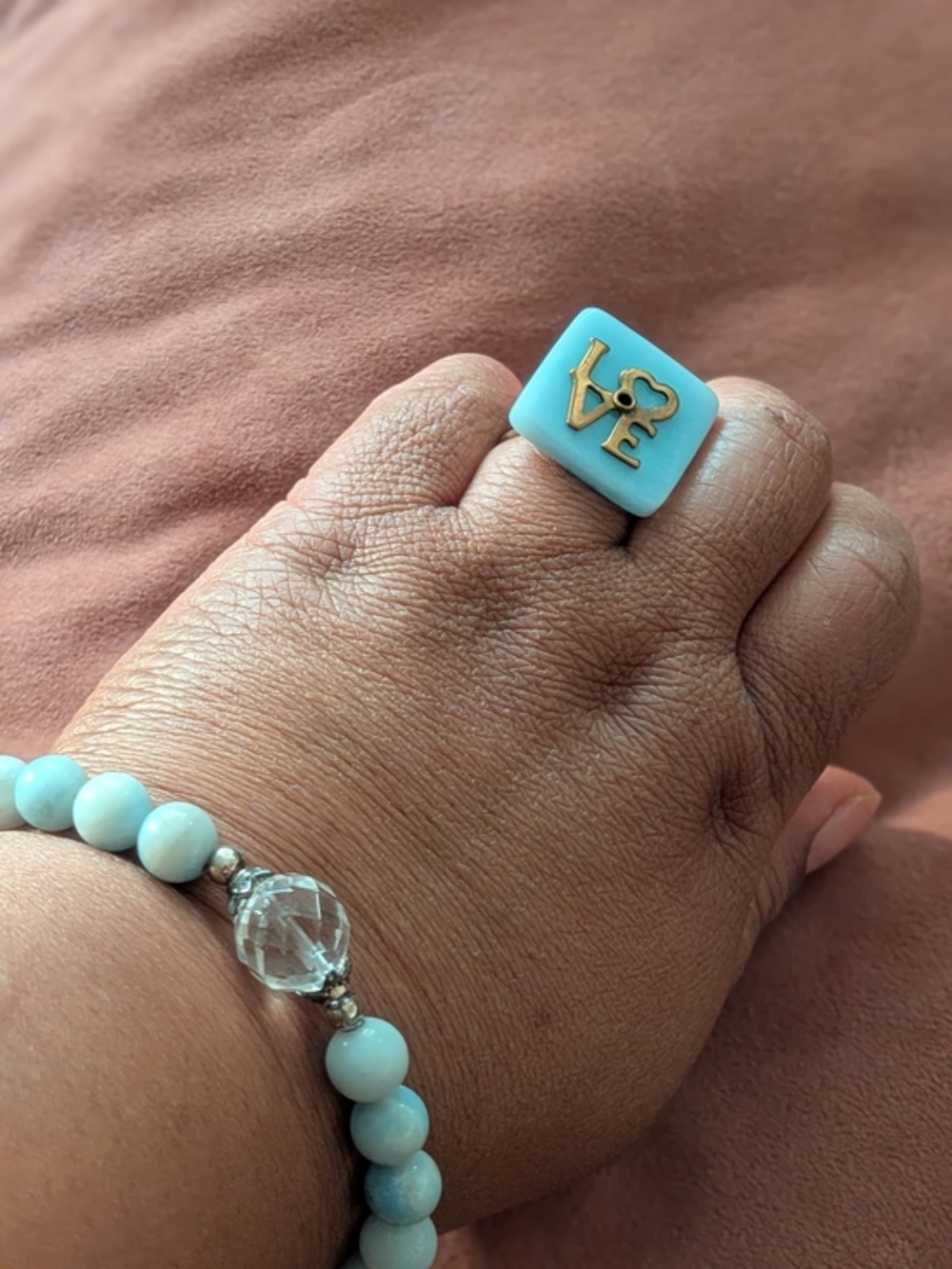 Vintage Turquoise Square Ring with Gold LOVE Accent - Women Jewelry